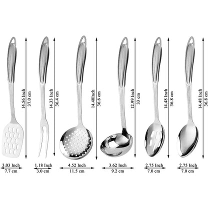 Stainless Steel Kitchen Utensils Set 6 Count, Cooking Utensil Sets, Kitchen Gadgets Essentials Include Metal Spatula Set, Skimmer, Ladle, Serving Spoon, Slotted Spoon, Carving Fork