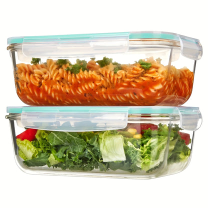 2-Pack 50 Oz Kitchen Glass Food Storage Containers, Airtight Leak-Proof Locking Lid Bento Boxes, Reusable Snack Containers, Stackable Oil-Resistant Smooth Meal Prep Units for Microwave, Oven, Freezer, Dishwasher, Bpa-Free,Summervibes