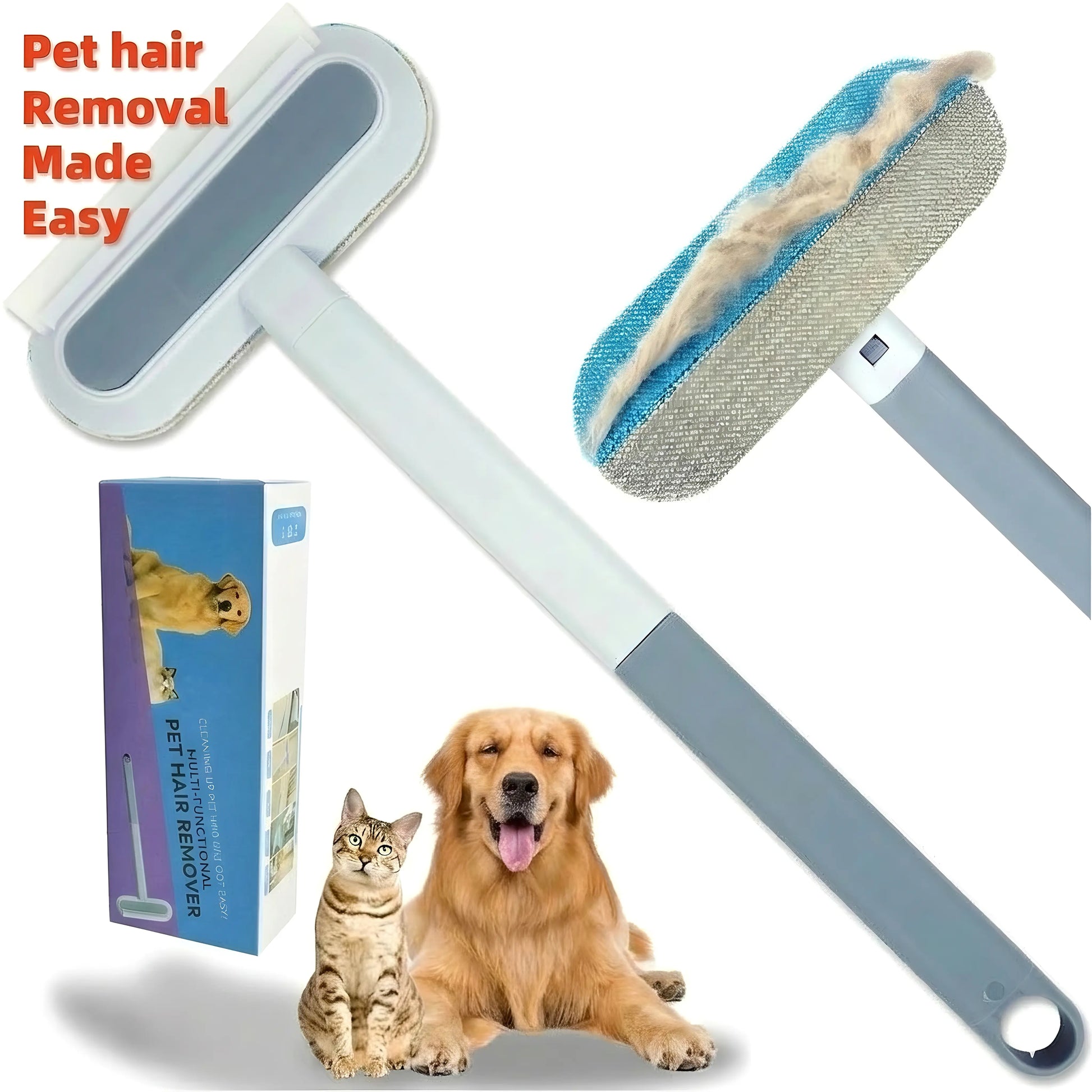 【4 in 1】Multi-Functional Pet Hair Remover, Reusable & Washable Dog & Cat Hair Removal Tool with Extra Long Handle, Lint Cleaner Squeegee for Furniture, Carpet, Clothes, Bedding, Car, Window