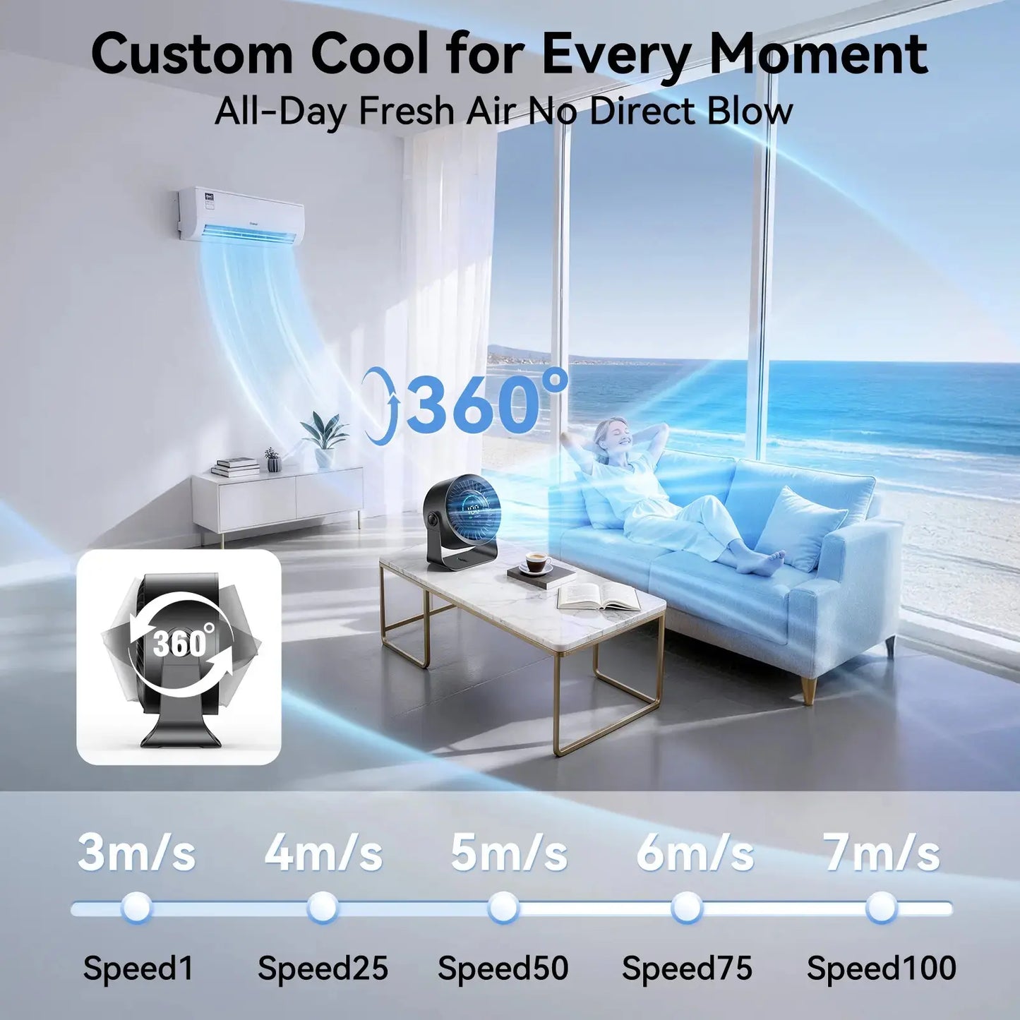 Rechargeable USB Desk Fan for Bedroom, 100 Speeds, 360° Rotation, Wall Mounted Design Small Portable Table Fan with LED Display, Quiet Personal Desktop Cooling Fans for Home Office