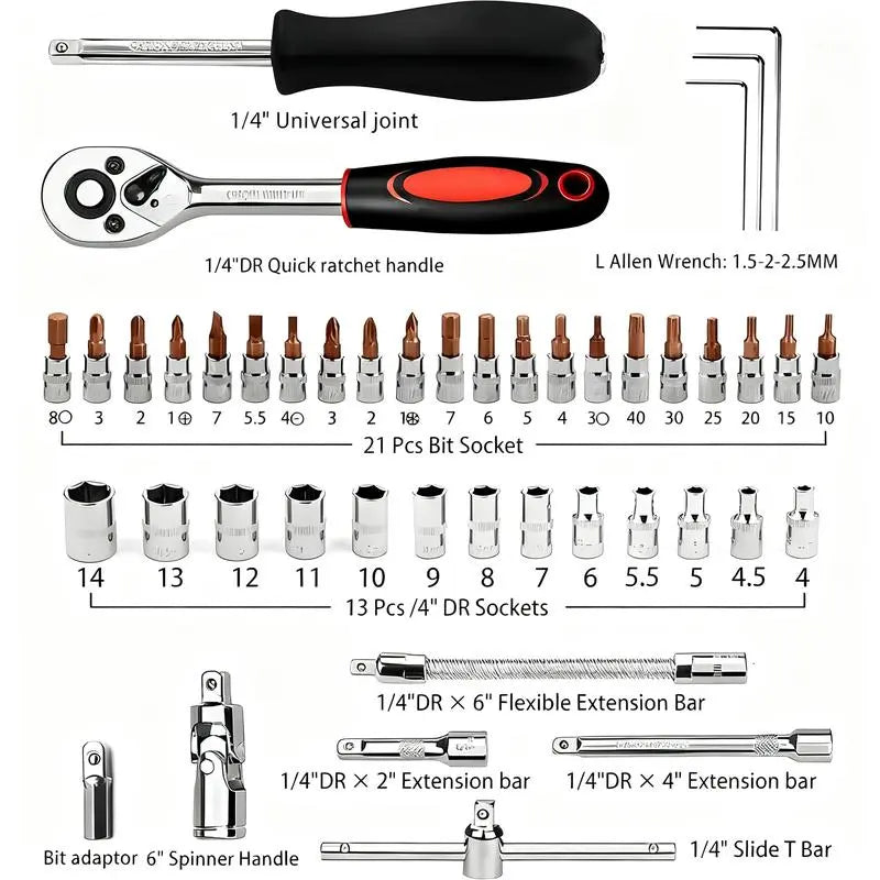 Box Hardware 46Pcs 1/4 Inch Drive Socket Ratchet Wrench Set with Bit Socket Set Metric & Extension Bar for Auto Repairing Household Gift for Man Husband