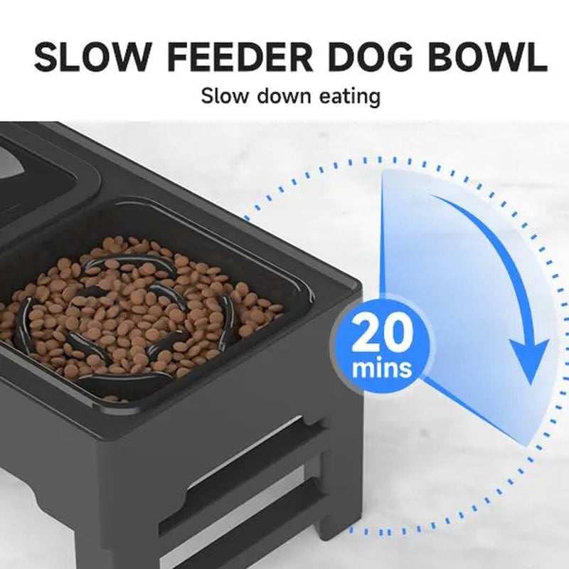 GOYJOY Adjustable Elevated Dog Bowls with Anti-Slip Design - Ergonomic Raised Feeding Station for Dogs and Cats, Featuring Slow Feeders and No-Spill Water Bowl, Suitable for Small to Large Pets