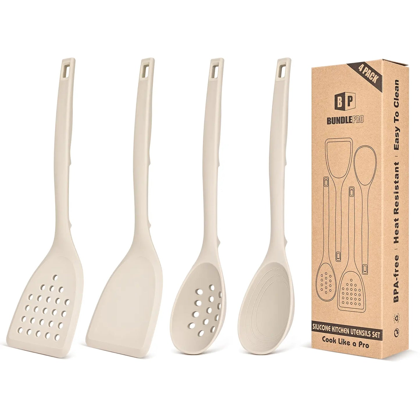 Pack of 4 Silicone Cooking Utensils Set, Non Stick Solid Spatulas and Heat Resistant Slotted Spoons with Back Hooks, Ideal BPA Free Kitchen Utensils Set for Frying,Serving,Turning,Stirring