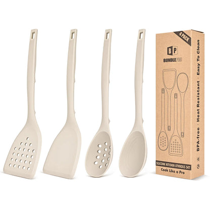Pack of 4 Silicone Cooking Utensils Set, Non Stick Solid Spatulas and Heat Resistant Slotted Spoons with Back Hooks, Ideal BPA Free Kitchen Utensils Set for Frying,Serving,Turning,Stirring