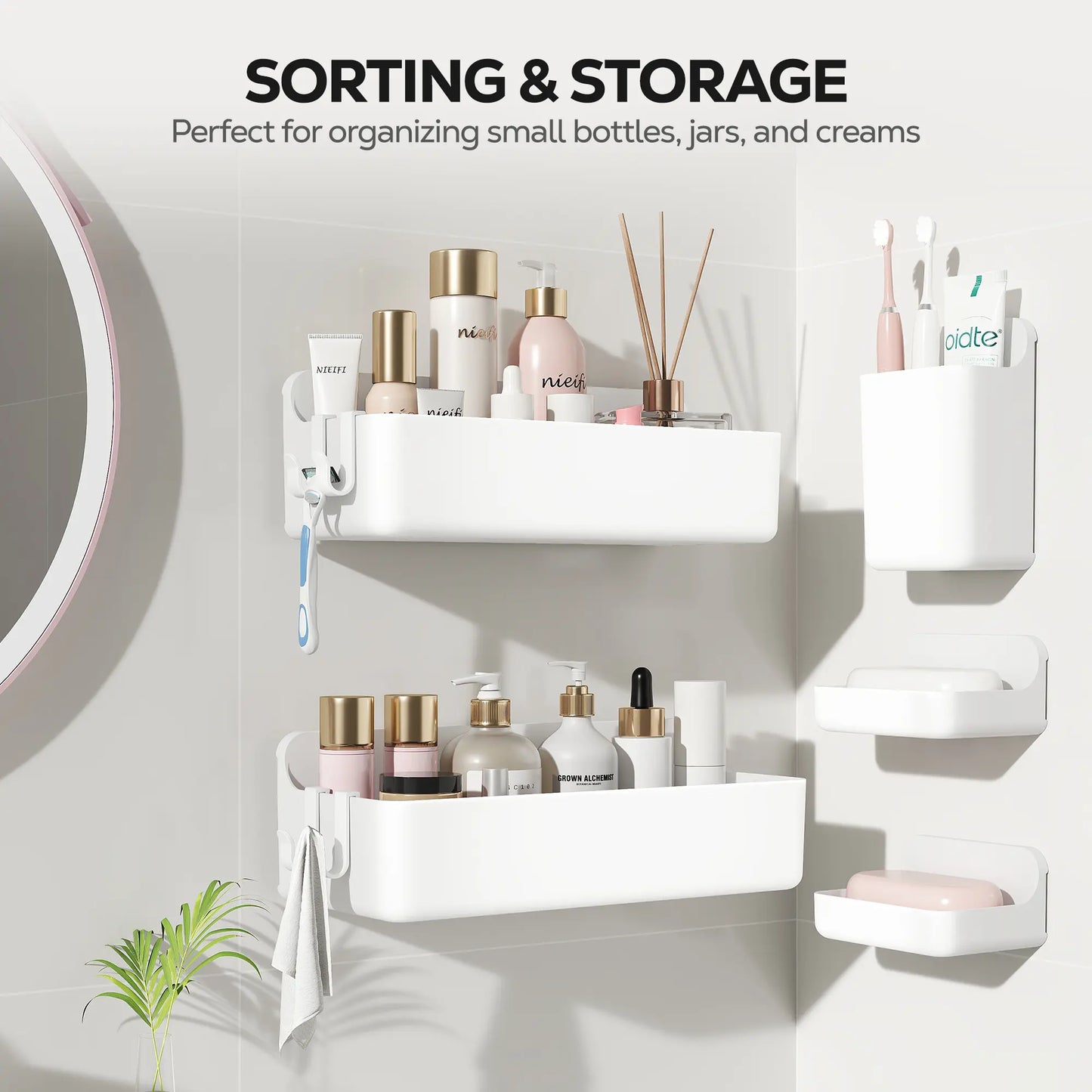 Nieifi 5-In-1 Modern Eco-Friendly White Adhesive Shower Organizer Pack, No-Drilling Renter-Friendly Rust-Free ABS Set with Soap Dish, Toothbrush Holder, Vanity Container & Drainage Holes for Bathroom Essentials Tray