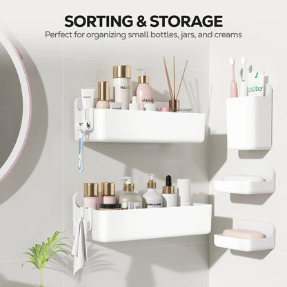 Nieifi 5-In-1 Modern Eco-Friendly White Adhesive Shower Organizer Pack, No-Drilling Renter-Friendly Rust-Free ABS Set with Soap Dish, Toothbrush Holder, Vanity Container & Drainage Holes for Bathroom Essentials Tray