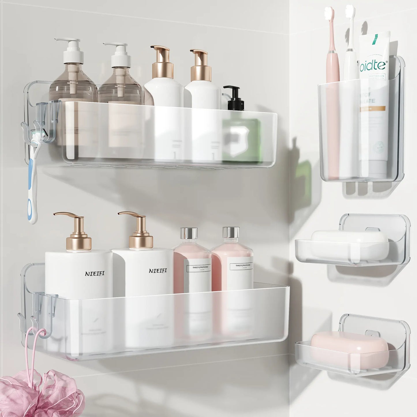 Nieifi 5-In-1 Modern Eco-Friendly White Adhesive Shower Organizer Pack, No-Drilling Renter-Friendly Rust-Free ABS Set with Soap Dish, Toothbrush Holder, Vanity Container & Drainage Holes for Bathroom Essentials Tray