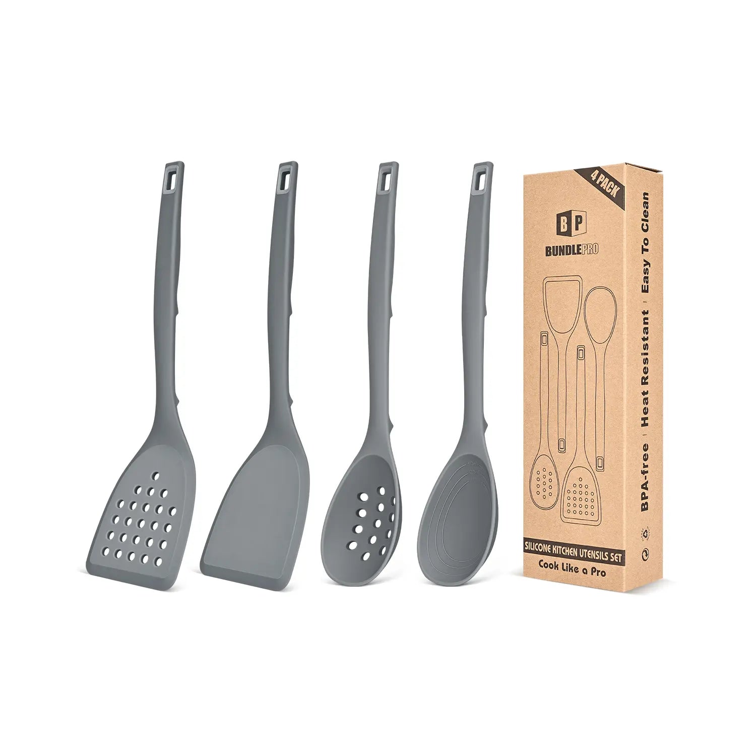 Pack of 4 Silicone Cooking Utensils Set, Non Stick Solid Spatulas and Heat Resistant Slotted Spoons with Back Hooks, Ideal BPA Free Kitchen Utensils Set for Frying,Serving,Turning,Stirring