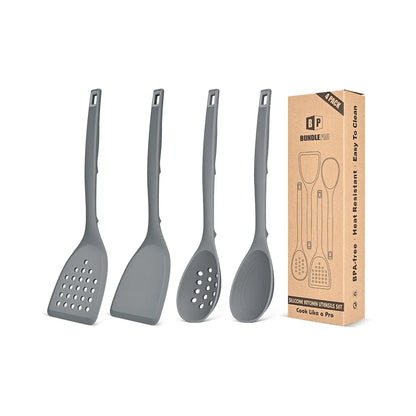 Pack of 4 Silicone Cooking Utensils Set, Non Stick Solid Spatulas and Heat Resistant Slotted Spoons with Back Hooks, Ideal BPA Free Kitchen Utensils Set for Frying,Serving,Turning,Stirring