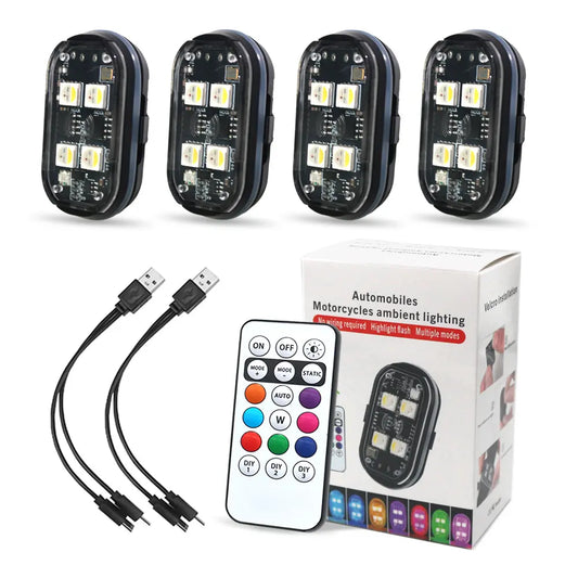 Enhanced 4-Pack Wireless LED Strobe Lights for Automotive Use, Interior Lighting with Remote Control, USB-C Rechargeable Warning Lights for Cars, Motorcycles, Drones, and Bicycles