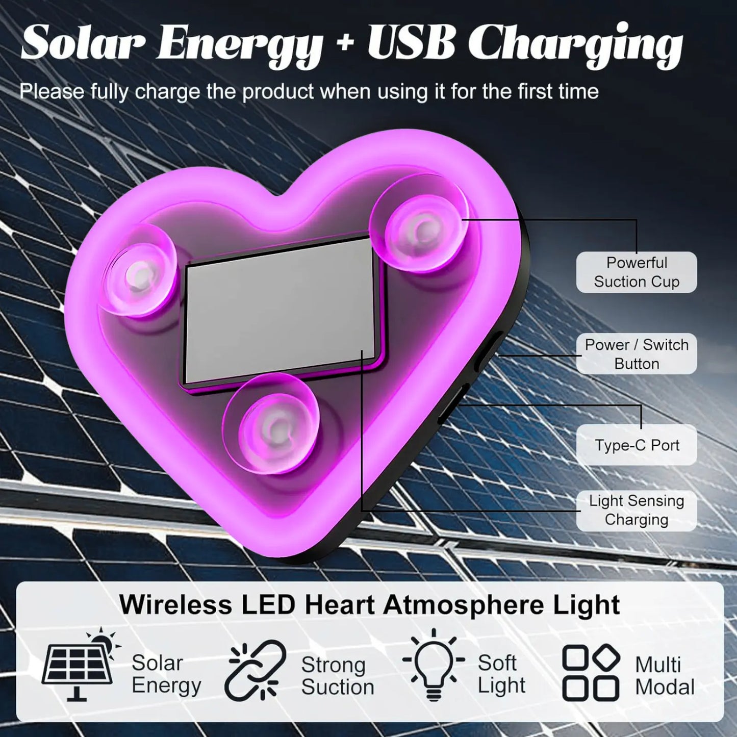 Car LED Ambient Light-Solar-Powered Heart-Shaped LED Neon Light, Solar-Powered Heart-Shaped Atmosphere Light with 3 Modes,Lp65Waterproof, for Romantic Car Interior Andoutdoor Decor