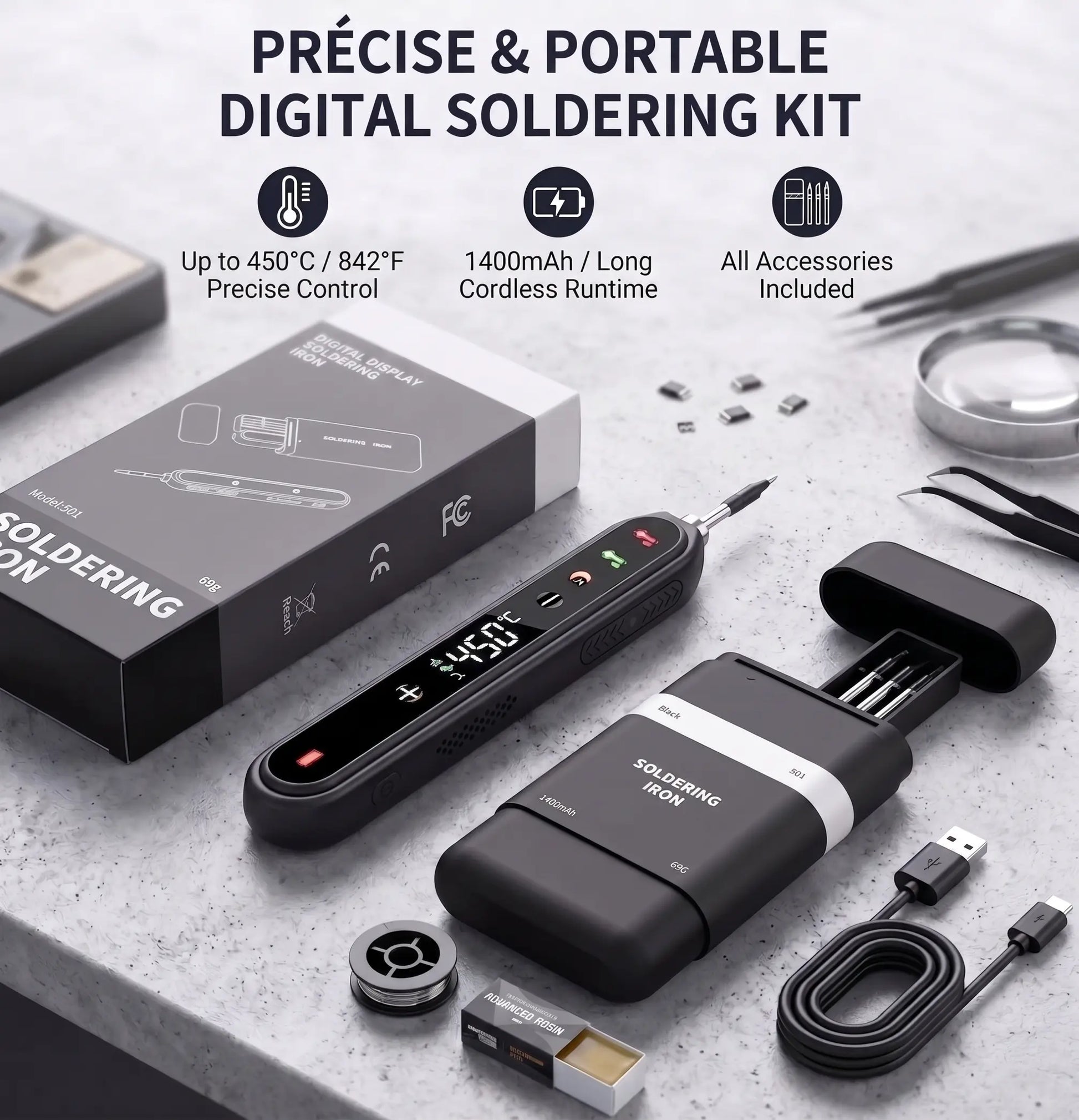 Cordless Soldering Iron Kit with Digital Display, 8-Second Fast Heating Portable Soldering Pen for Electronics DIY Repair