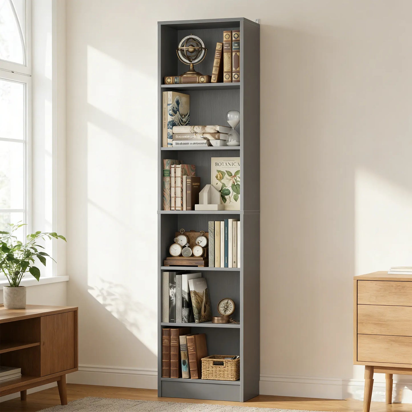 #Summervibes 6-Tier Narrow Display Bookcase with 2 Adjustable Shelves，80"H Tall Modern Storage Cabinet Etagere Bookshelf for Collectibles, Living Room, Office
