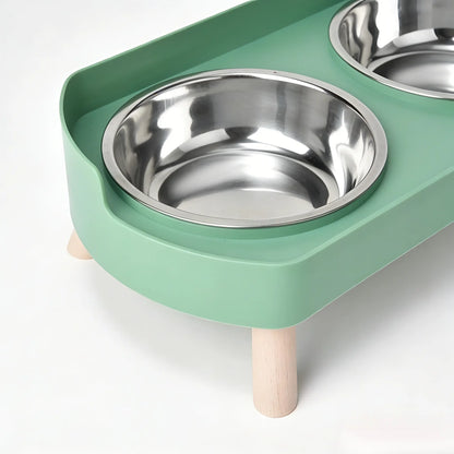 Stainless Steel Dual-Bowl Pet Feeding Bowl, Dry Food, Neck Protection, Anti-Splash, Non-Tip, Non-Slip, Universal for Cats and Dogs