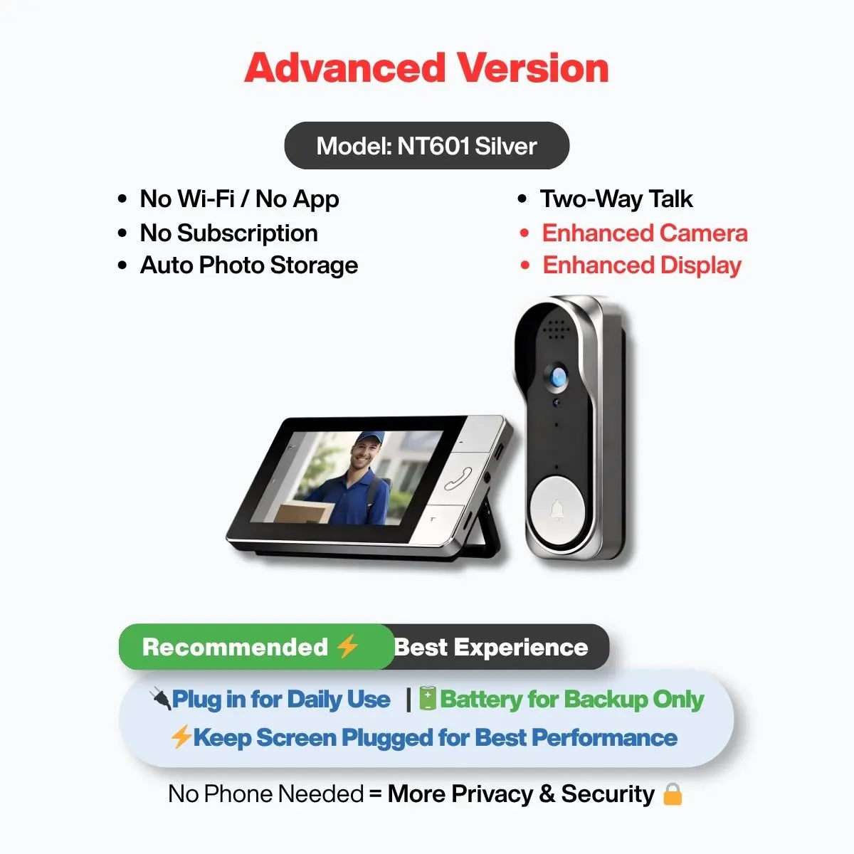2026 Upgraded X7/X8 No Wifi Video Doorbell with Screen – Wireless Doorbell Camera, No App, No Monthly Fees,Two-Way Talk, Night Vision