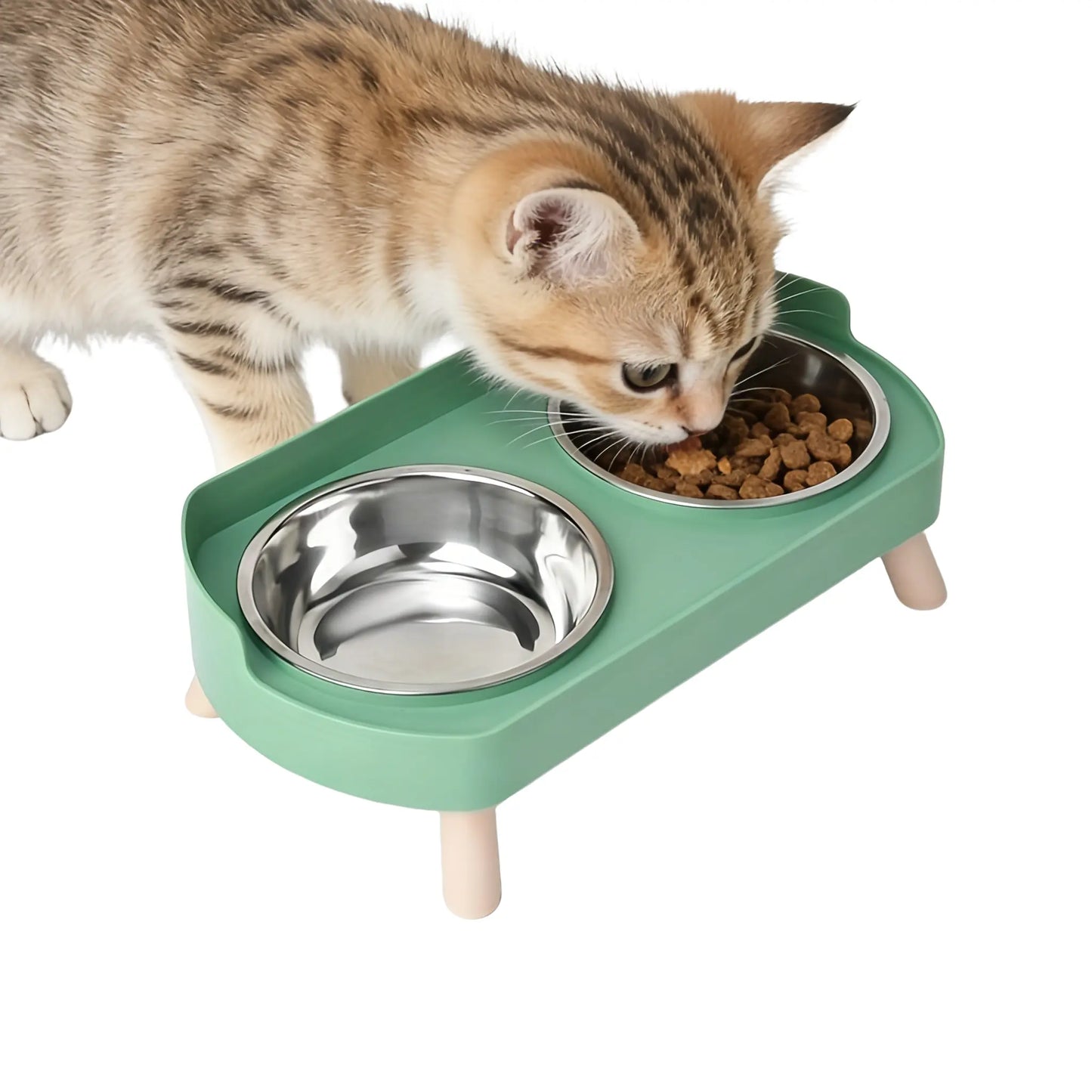 Stainless Steel Dual-Bowl Pet Feeding Bowl, Dry Food, Neck Protection, Anti-Splash, Non-Tip, Non-Slip, Universal for Cats and Dogs