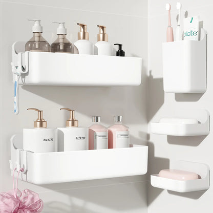 Nieifi 5-In-1 Modern Eco-Friendly White Adhesive Shower Organizer Pack, No-Drilling Renter-Friendly Rust-Free ABS Set with Soap Dish, Toothbrush Holder, Vanity Container & Drainage Holes for Bathroom Essentials Tray