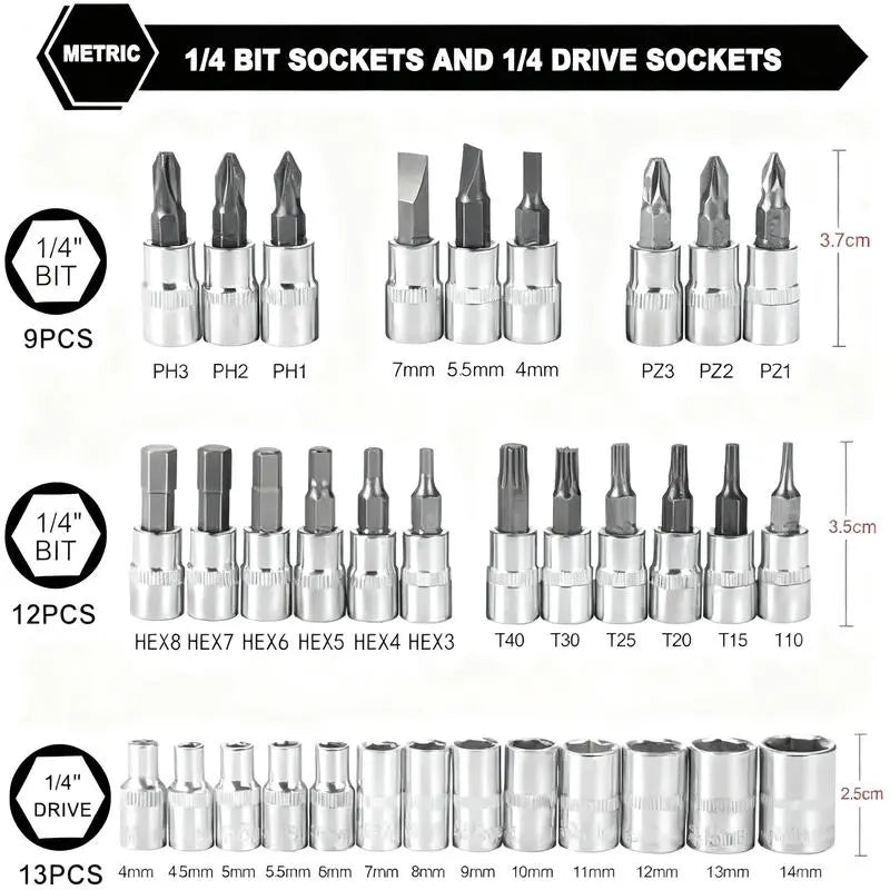 Box Hardware 46Pcs 1/4 Inch Drive Socket Ratchet Wrench Set with Bit Socket Set Metric & Extension Bar for Auto Repairing Household Gift for Man Husband