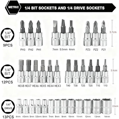 Box Hardware 46Pcs 1/4 Inch Drive Socket Ratchet Wrench Set with Bit Socket Set Metric & Extension Bar for Auto Repairing Household Gift for Man Husband