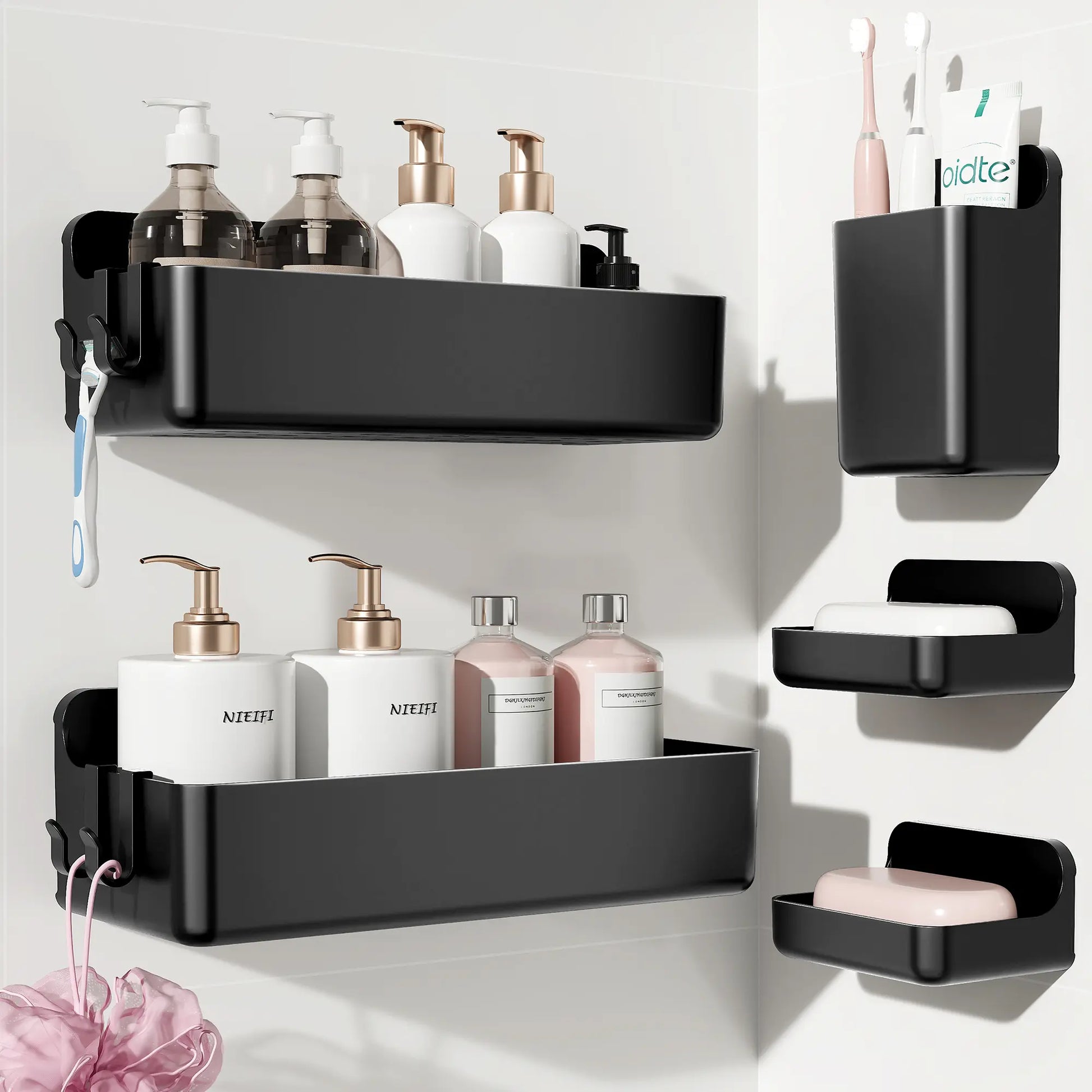 Nieifi 5-In-1 Modern Eco-Friendly White Adhesive Shower Organizer Pack, No-Drilling Renter-Friendly Rust-Free ABS Set with Soap Dish, Toothbrush Holder, Vanity Container & Drainage Holes for Bathroom Essentials Tray