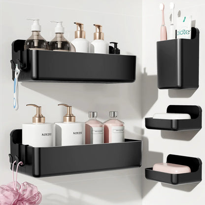 Nieifi 5-In-1 Modern Eco-Friendly White Adhesive Shower Organizer Pack, No-Drilling Renter-Friendly Rust-Free ABS Set with Soap Dish, Toothbrush Holder, Vanity Container & Drainage Holes for Bathroom Essentials Tray