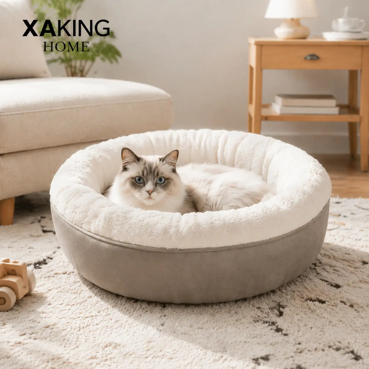 XAKING Ultra Soft Flannel Donut Shaped Pet Bed - 19.7"X19.7"X5.9" Calming Indoor Nest for Small Cats, Machine Washable, Non-Slip Bottom, Summervibes Shaped Beds