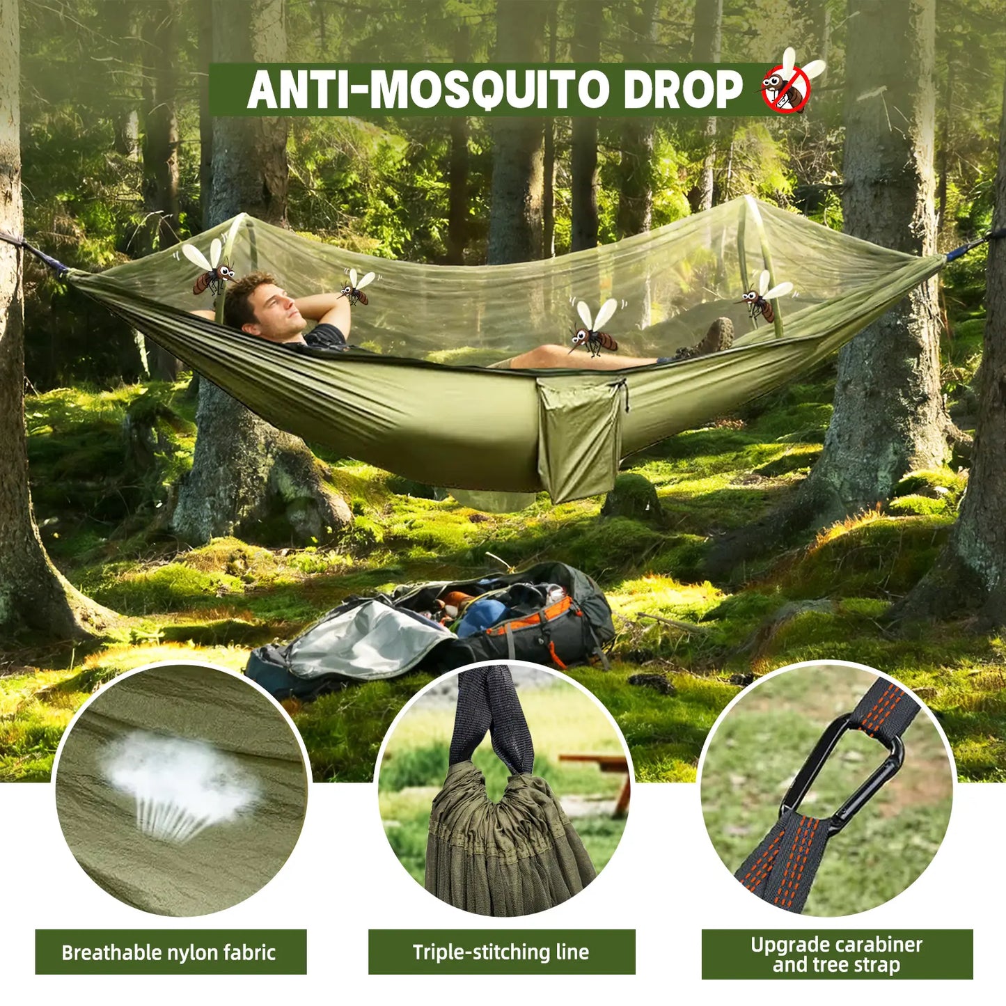 Camping Hammock with Mosquito Net, Automatic Quick-Open Outdoor Hammock for Camping and Picnicking, Portable Hammock with Straps, Attached Carry Bag