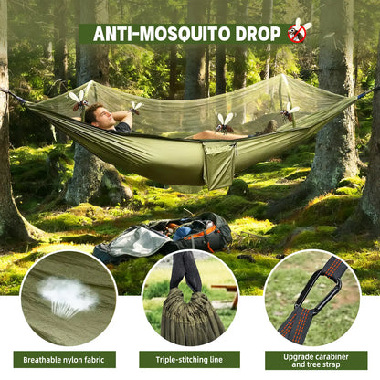 Camping Hammock with Mosquito Net, Automatic Quick-Open Outdoor Hammock for Camping and Picnicking, Portable Hammock with Straps, Attached Carry Bag