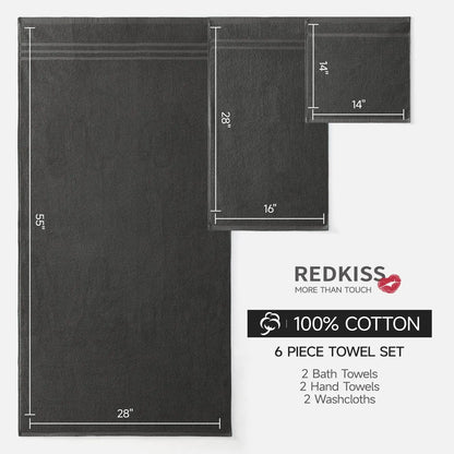 REDKISS Dark Gray Towels Set 6 Piece Cotton Towel Sets with 2 Bath Towels, 2 Hand, 2 Washcloths, 650GSM Hotel Quality, Soft, Highly Absorbent Towels for Bathroom Gym, Ideal Everyday Use