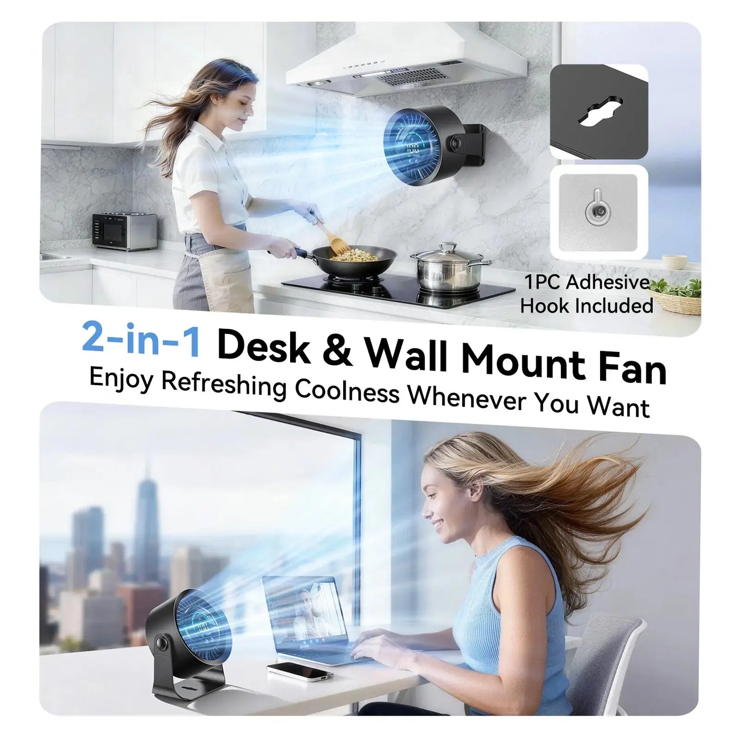 Rechargeable USB Desk Fan for Bedroom, 100 Speeds, 360° Rotation, Wall Mounted Design Small Portable Table Fan with LED Display, Quiet Personal Desktop Cooling Fans for Home Office