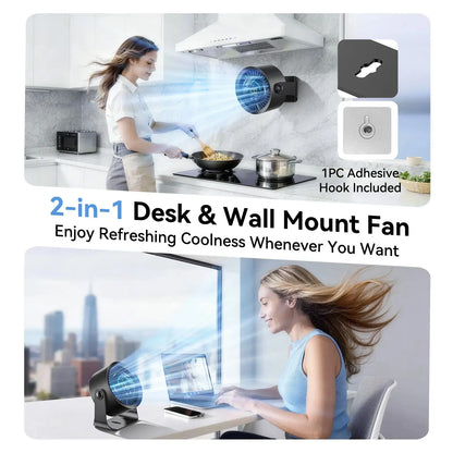 Rechargeable USB Desk Fan for Bedroom, 100 Speeds, 360° Rotation, Wall Mounted Design Small Portable Table Fan with LED Display, Quiet Personal Desktop Cooling Fans for Home Office