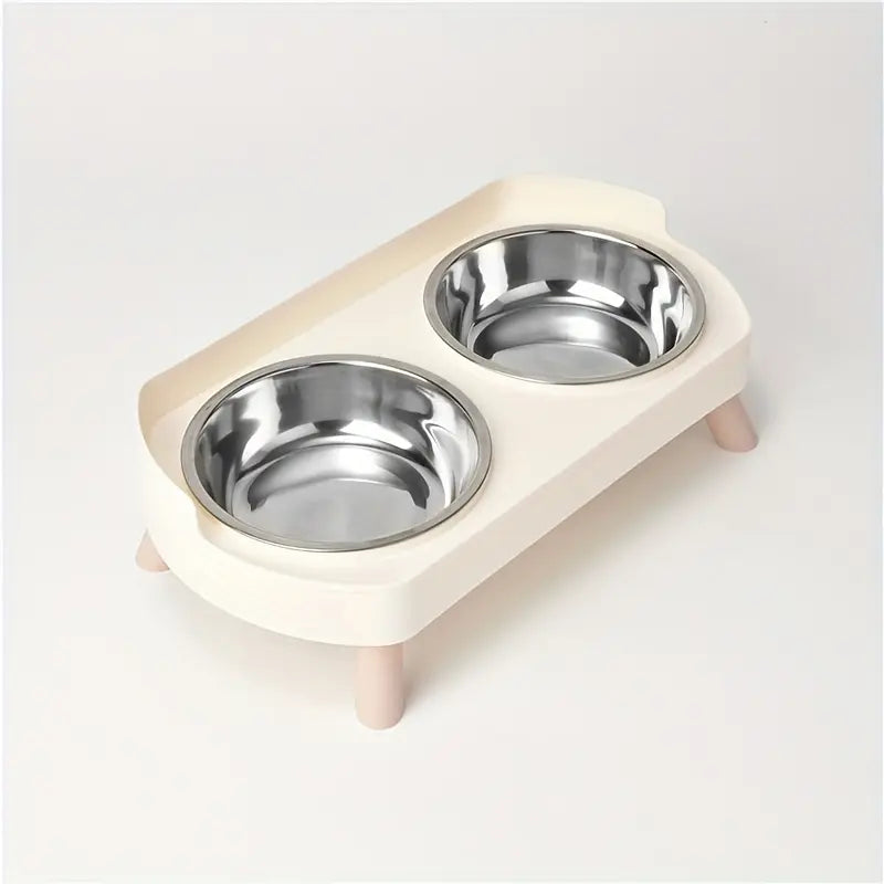 Stainless Steel Dual-Bowl Pet Feeding Bowl, Dry Food, Neck Protection, Anti-Splash, Non-Tip, Non-Slip, Universal for Cats and Dogs