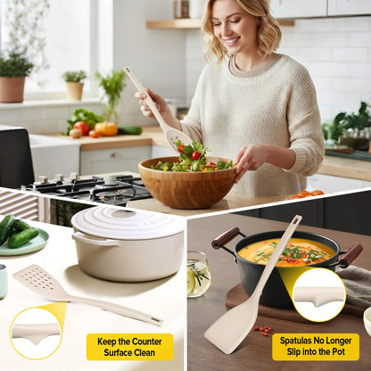 Pack of 4 Silicone Cooking Utensils Set, Non Stick Solid Spatulas and Heat Resistant Slotted Spoons with Back Hooks, Ideal BPA Free Kitchen Utensils Set for Frying,Serving,Turning,Stirring