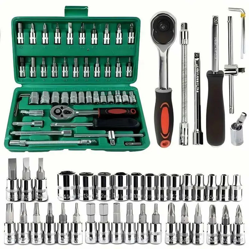 Box Hardware 46Pcs 1/4 Inch Drive Socket Ratchet Wrench Set with Bit Socket Set Metric & Extension Bar for Auto Repairing Household Gift for Man Husband