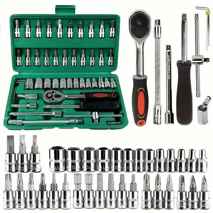 Box Hardware 46Pcs 1/4 Inch Drive Socket Ratchet Wrench Set with Bit Socket Set Metric & Extension Bar for Auto Repairing Household Gift for Man Husband