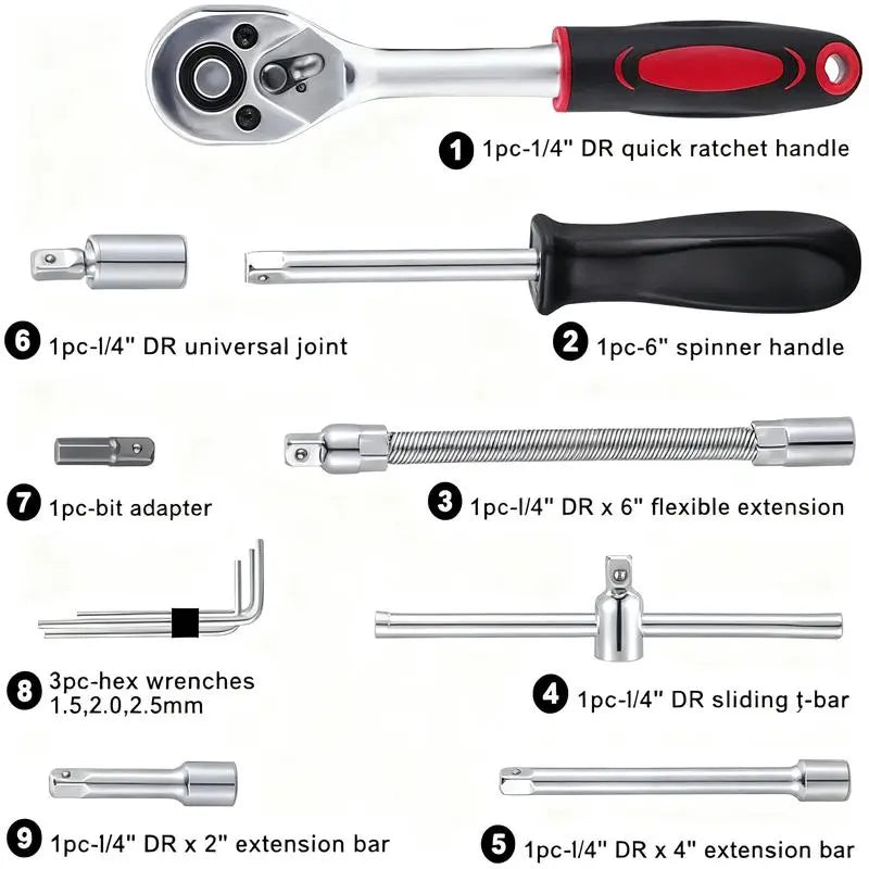 Box Hardware 46Pcs 1/4 Inch Drive Socket Ratchet Wrench Set with Bit Socket Set Metric & Extension Bar for Auto Repairing Household Gift for Man Husband