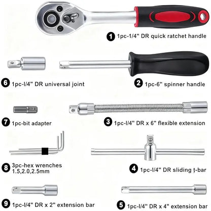 Box Hardware 46Pcs 1/4 Inch Drive Socket Ratchet Wrench Set with Bit Socket Set Metric & Extension Bar for Auto Repairing Household Gift for Man Husband