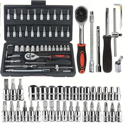 Box Hardware 46Pcs 1/4 Inch Drive Socket Ratchet Wrench Set with Bit Socket Set Metric & Extension Bar for Auto Repairing Household Gift for Man Husband