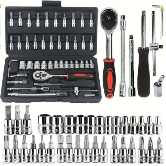 Box Hardware 46Pcs 1/4 Inch Drive Socket Ratchet Wrench Set with Bit Socket Set Metric & Extension Bar for Auto Repairing Household Gift for Man Husband