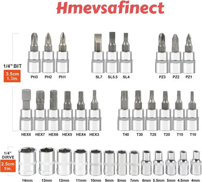 【Summervibes】46 Pieces Socket Set with Bit Socket Set Metric and Extension Bar for Car Bicycle Motorcycle Repair and Home Use with Storage Case Tool Kit