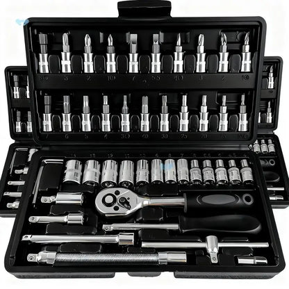 Box Hardware 46Pcs 1/4 Inch Drive Socket Ratchet Wrench Set with Bit Socket Set Metric & Extension Bar for Auto Repairing Household Gift for Man Husband
