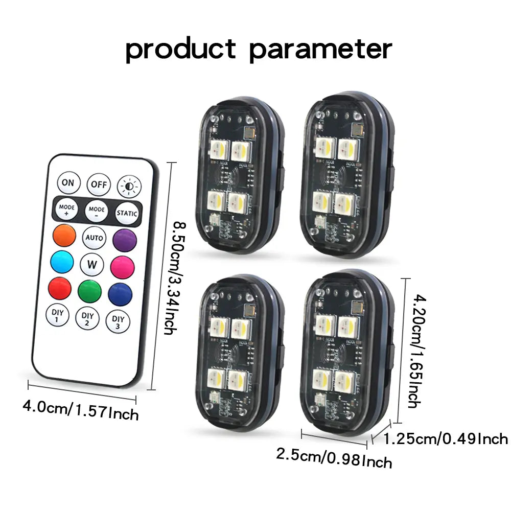 Enhanced 4-Pack Wireless LED Strobe Lights for Automotive Use, Interior Lighting with Remote Control, USB-C Rechargeable Warning Lights for Cars, Motorcycles, Drones, and Bicycles