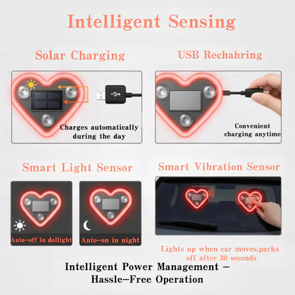 Car LED Ambient Light-Solar-Powered Heart-Shaped LED Neon Light, Solar-Powered Heart-Shaped Atmosphere Light with 3 Modes,Lp65Waterproof, for Romantic Car Interior Andoutdoor Decor