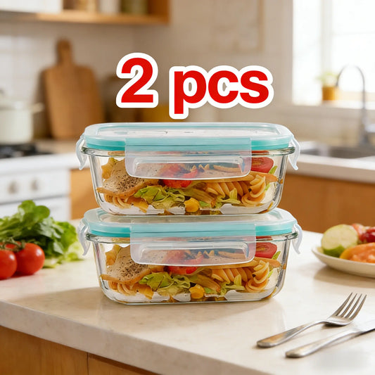 2-Pack 50 Oz Kitchen Glass Food Storage Containers, Airtight Leak-Proof Locking Lid Bento Boxes, Reusable Snack Containers, Stackable Oil-Resistant Smooth Meal Prep Units for Microwave, Oven, Freezer, Dishwasher, Bpa-Free,Summervibes