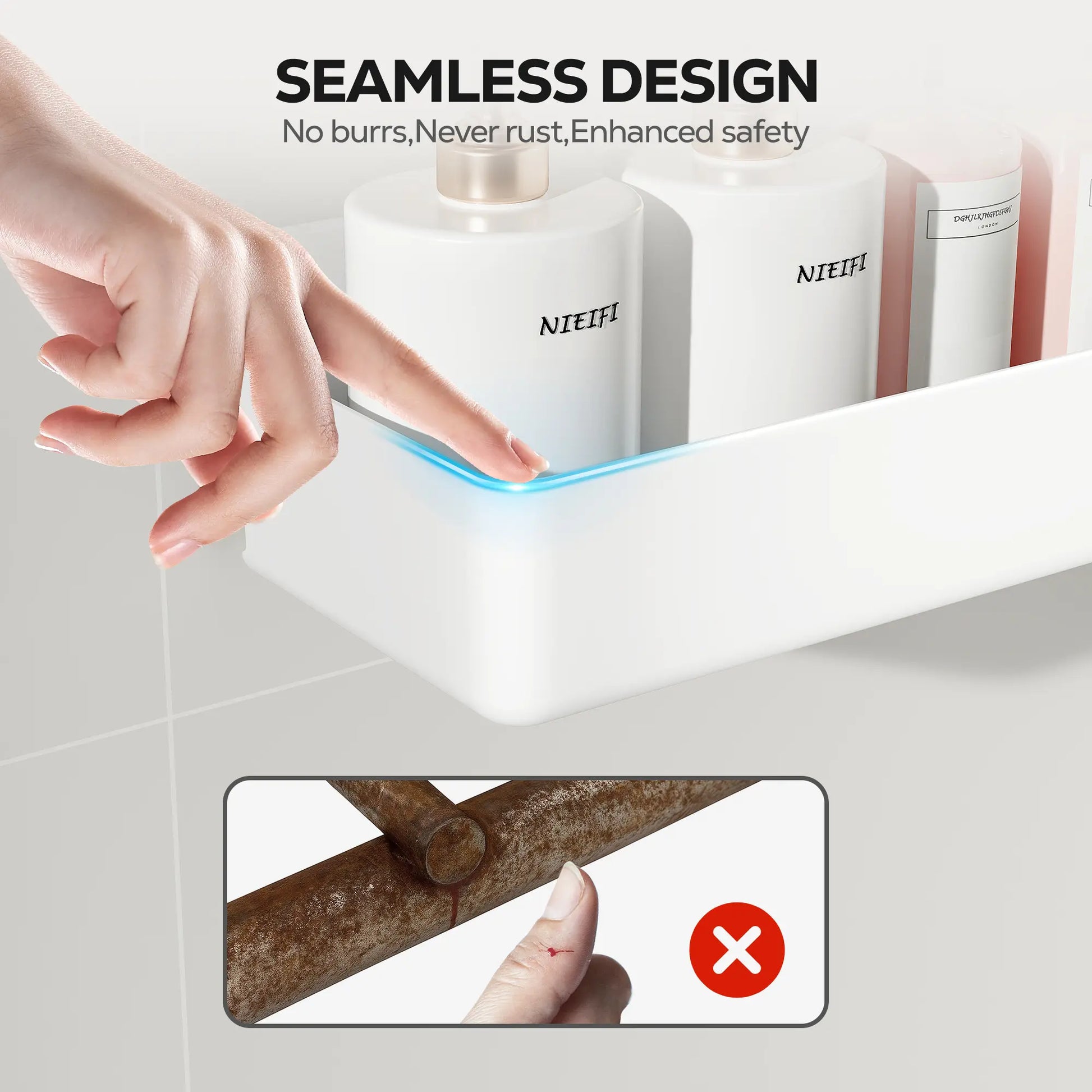 Nieifi 5-In-1 Modern Eco-Friendly White Adhesive Shower Organizer Pack, No-Drilling Renter-Friendly Rust-Free ABS Set with Soap Dish, Toothbrush Holder, Vanity Container & Drainage Holes for Bathroom Essentials Tray