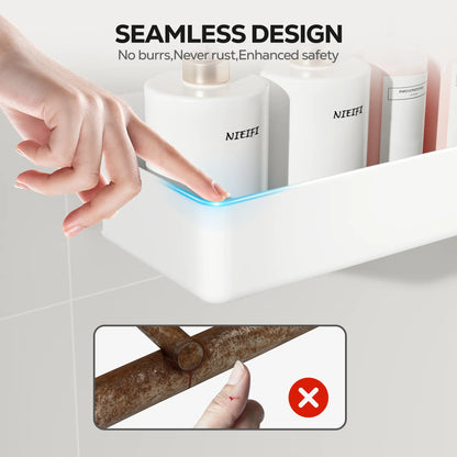 Nieifi 5-In-1 Modern Eco-Friendly White Adhesive Shower Organizer Pack, No-Drilling Renter-Friendly Rust-Free ABS Set with Soap Dish, Toothbrush Holder, Vanity Container & Drainage Holes for Bathroom Essentials Tray