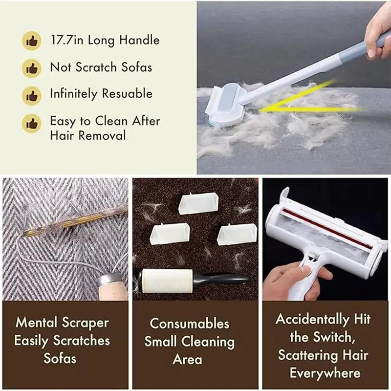 【4 in 1】Multi-Functional Pet Hair Remover, Reusable & Washable Dog & Cat Hair Removal Tool with Extra Long Handle, Lint Cleaner Squeegee for Furniture, Carpet, Clothes, Bedding, Car, Window