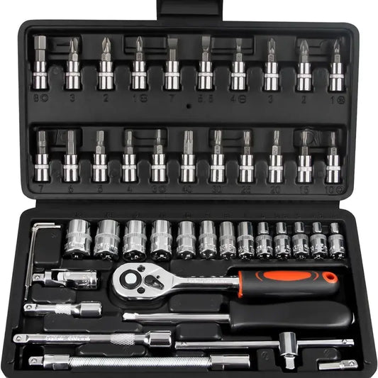 【Summervibes】46 Pieces Socket Set with Bit Socket Set Metric and Extension Bar for Car Bicycle Motorcycle Repair and Home Use with Storage Case Tool Kit