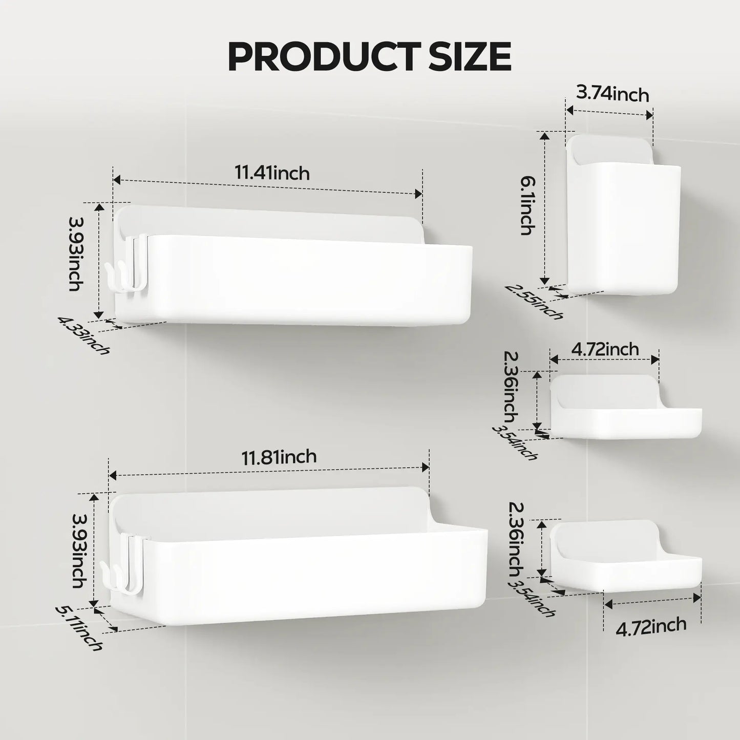 Nieifi 5-In-1 Modern Eco-Friendly White Adhesive Shower Organizer Pack, No-Drilling Renter-Friendly Rust-Free ABS Set with Soap Dish, Toothbrush Holder, Vanity Container & Drainage Holes for Bathroom Essentials Tray