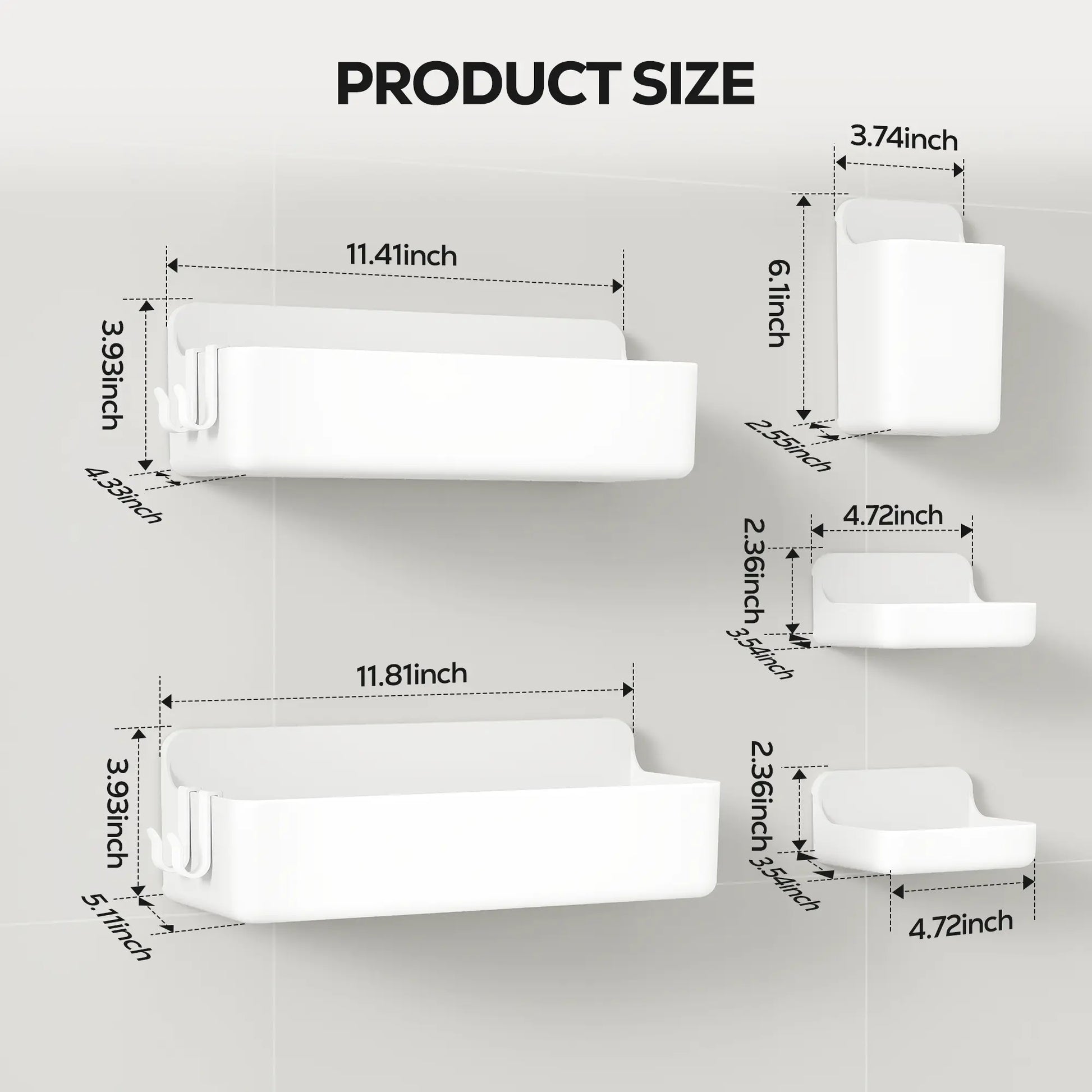 Nieifi 5-In-1 Modern Eco-Friendly White Adhesive Shower Organizer Pack, No-Drilling Renter-Friendly Rust-Free ABS Set with Soap Dish, Toothbrush Holder, Vanity Container & Drainage Holes for Bathroom Essentials Tray